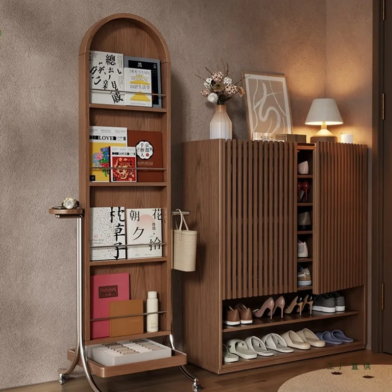 wood solid wood medieval magazine rack floor storage movable mirror, magazine cabinet display rack retro full-length mirror