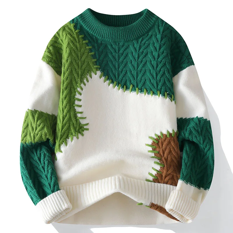 

Модный мужской свитер свободного кроя с круглым вырезом, осенне-зимний, повседневный, из полиэфирного волокна, с длинными рукавами, в стиле Color Block