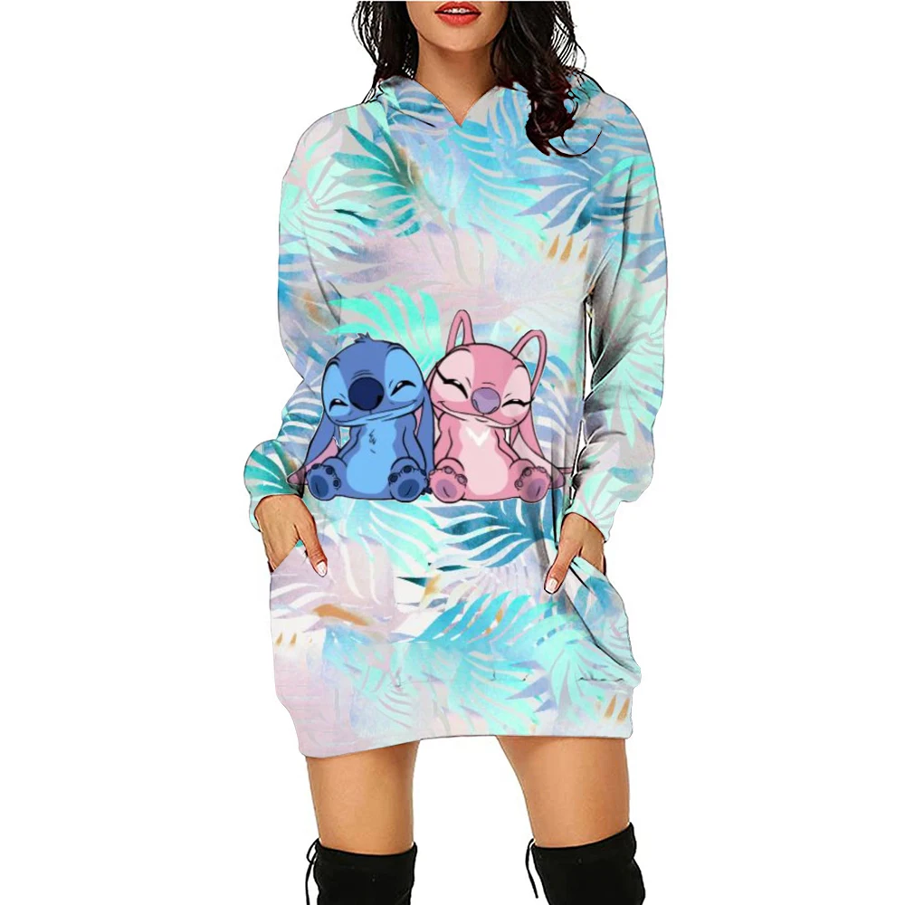 Stitch Fashion Kawaii Hoodie Dresses Stitch Women Disney Sweater Dress Luxury Party Disney Mini Y2k Long Sleeves Women Dress