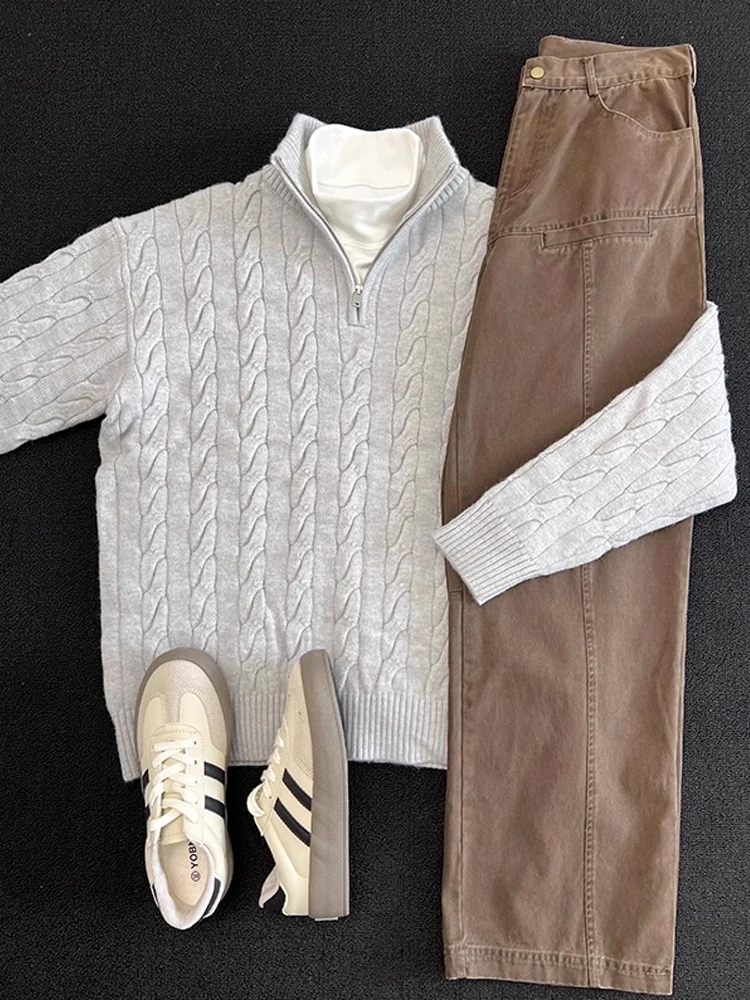 

Light ey f Zip Coarse Knit Sweater Men's Autumn American Retro Lazy Sle Base Layer Knitted Coat Casual Comfortable