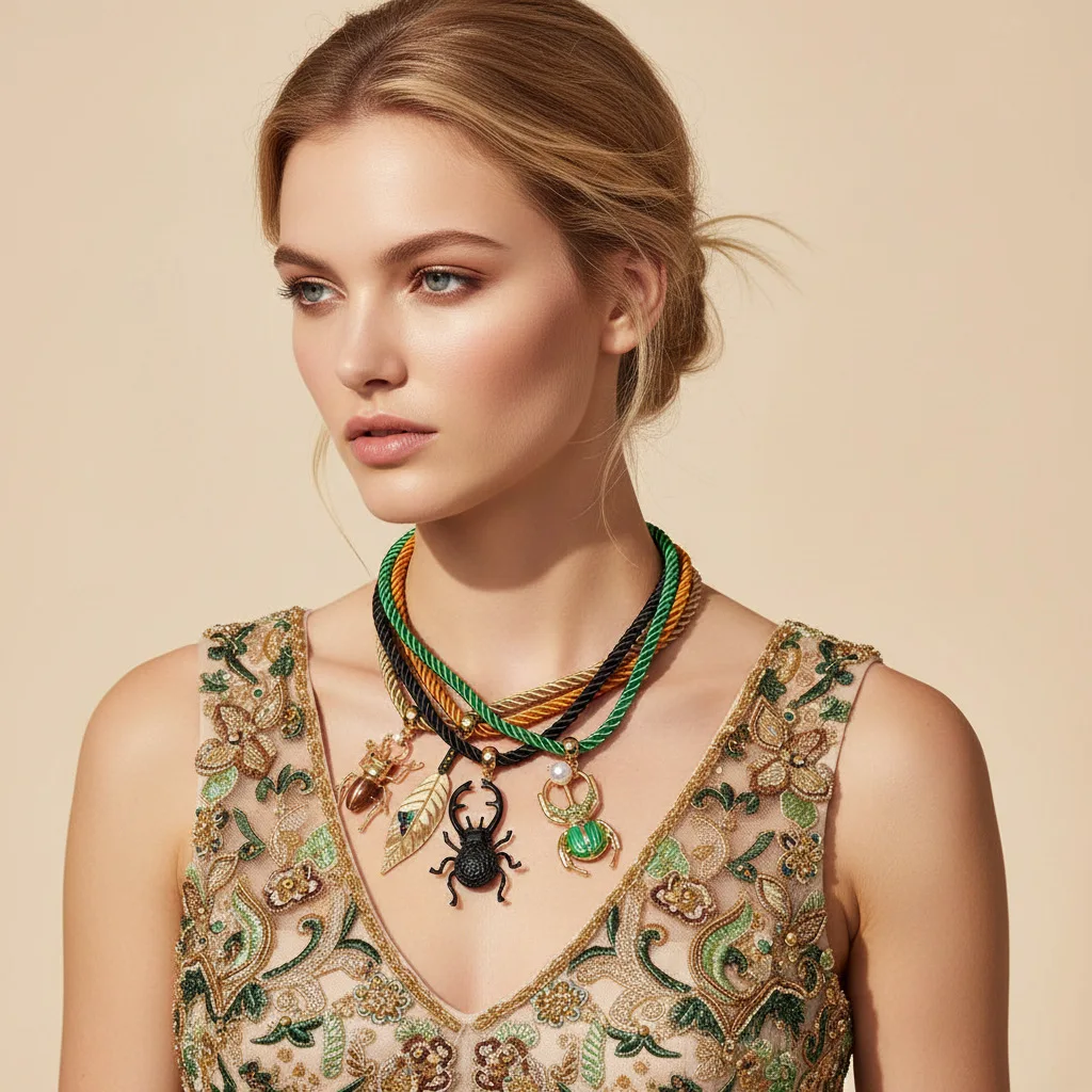 Fashion design sense stacking wearing colorful beetle leaf pendant set necklace creative multi-layer rope insect element item