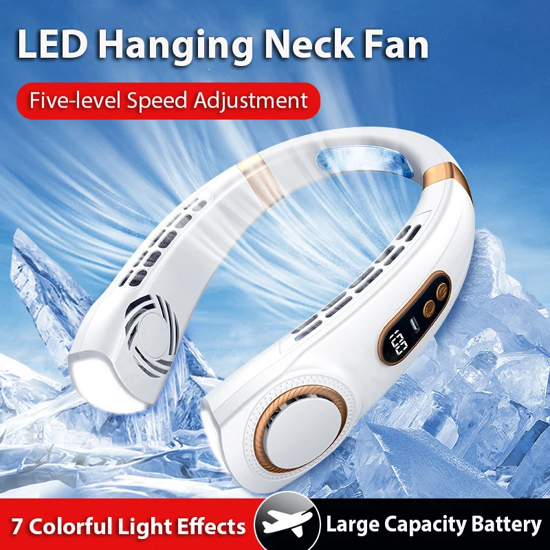 مروحة رقبة محمولة 2025 مع 5 مستويات للسرعة، وبطارية قابلة لإعادة الشحن، وإضاءة محيطة RGB - مثالية للسفر في الصيف والخارج.
