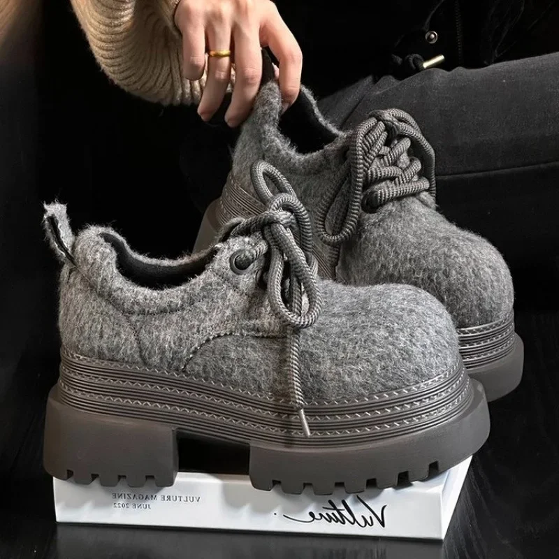 

Women's Flats Small Size Thick Bottomed Woolen Lace-Up Big Head Low-Top Shoes Spring Autumn Season Casual Silk Surface