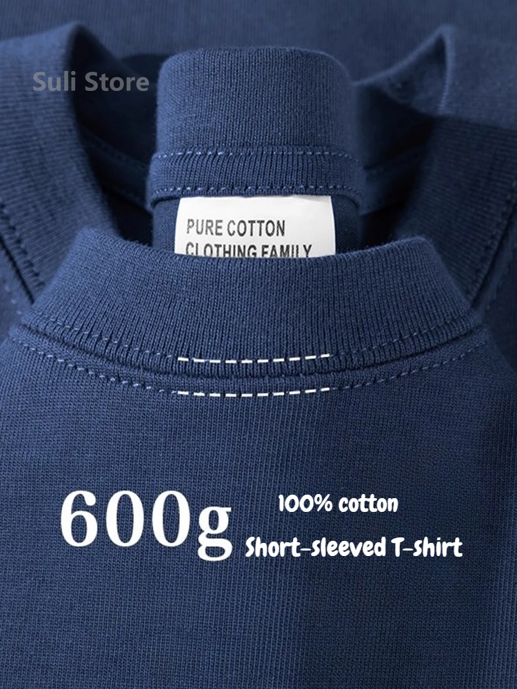 600G Heavy Cotton Short-sleeved T-shirt for Men and Women with The Same Loose Round Neck Simple Navy Blue Bottoming Shirt image 2