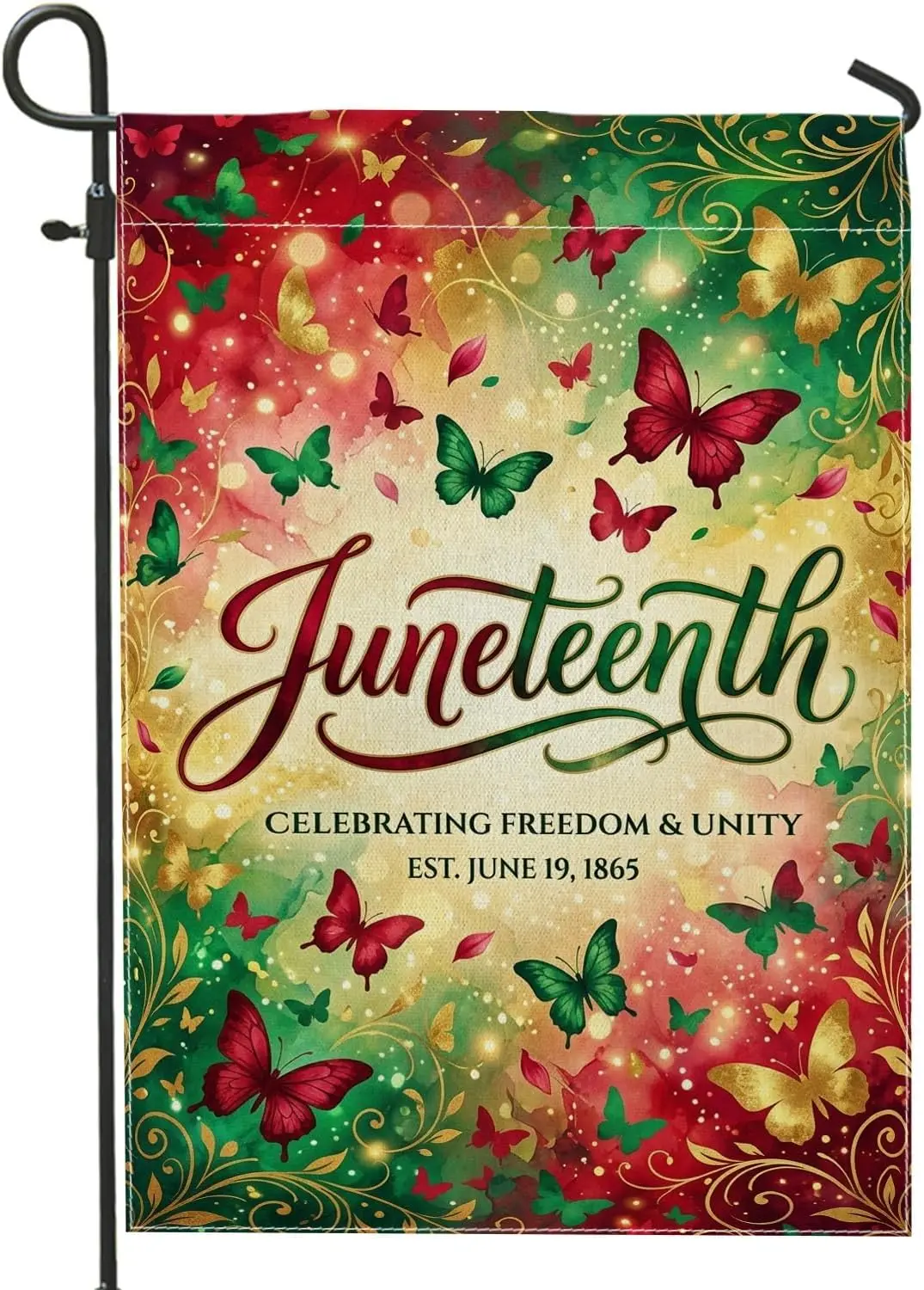 Butterfly Garden Flag, Festive Colorful Flower Swirl Juneteenth Red Burlap Double Sided Decorative Outside Flags for Outdoor PPZ