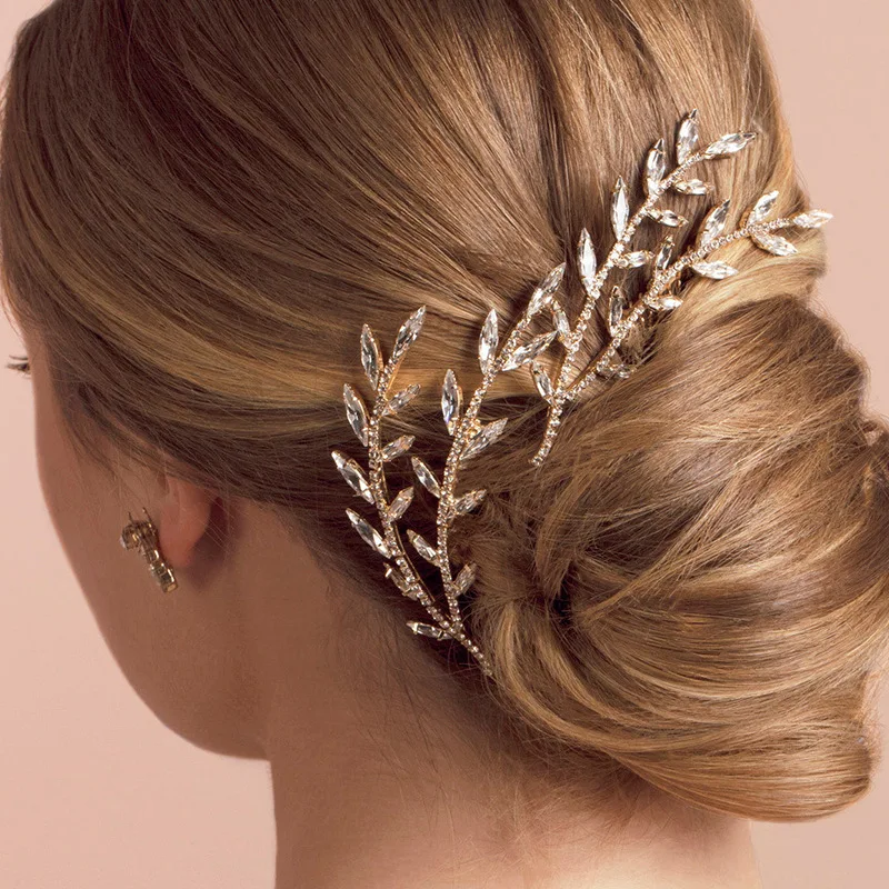 

Crystal Bridal Hair Comb Wedding Hair Accessories Sliver Gold Leaf Hairpin Size Comb For Women Prom Party Hair Jewelry Headpiece
