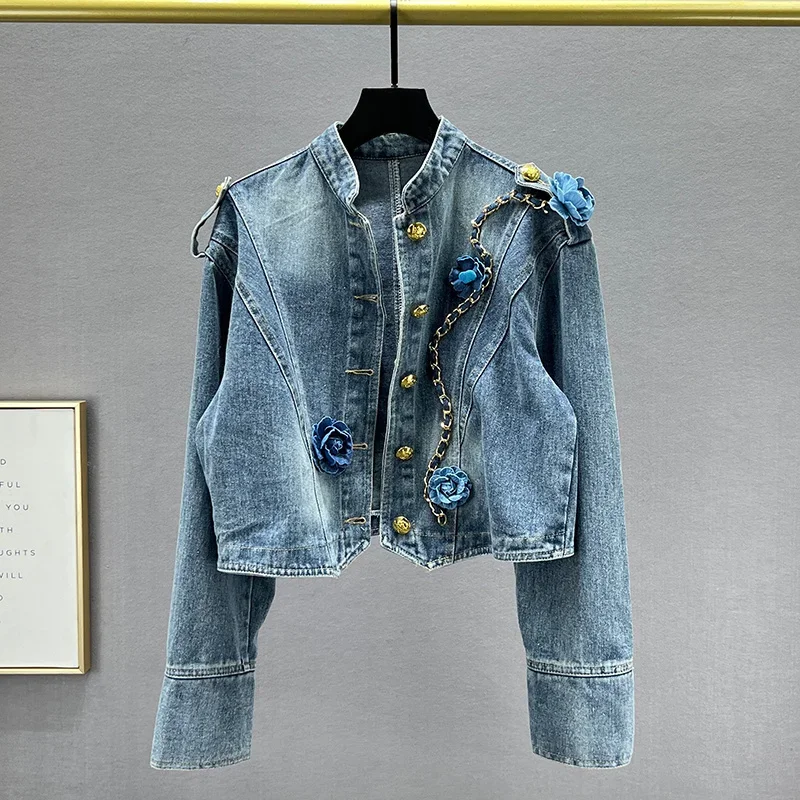 2025 ฤดูใบไม้ผลิฤดูใบไม้ร่วงแฟชั่นดอกไม้ตกแต่งสั้น DENIM แจ็คเก็ตผู้หญิงเสื้อสีฟ้าคอยาวแขนยาวกางเกงยีนส์ Streetwear