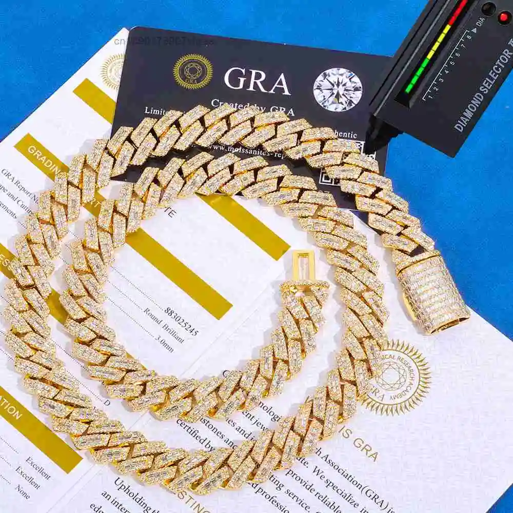 14mm NUOYA Cuban Link Chain Shiny Mixed Inlay Baguette VVS Moissanite 925 Silver Iced Out Hip Hop Necklace.