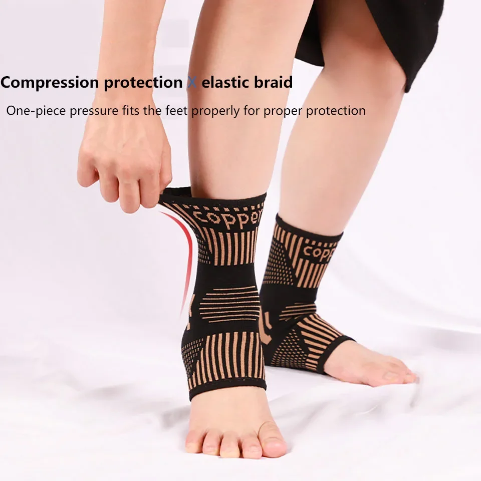 1Pair Copper Ankle Brace Infused Compression Sleeve Support for Plantar Fasciitis, Sprained Ankle Achilles Tendon Pain Relief