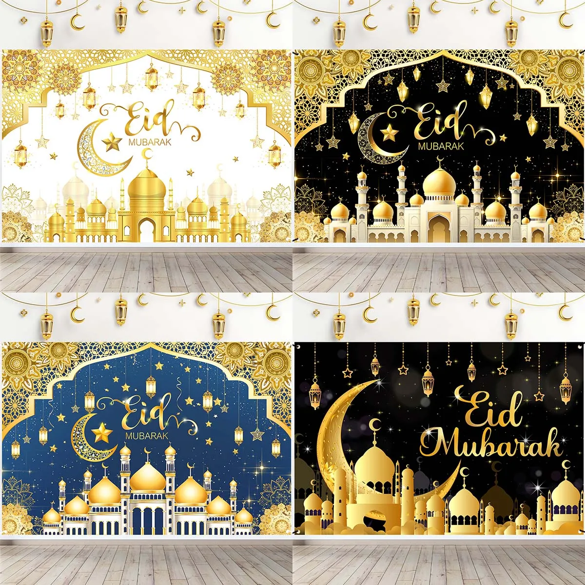 Eid Mubarak Backdrop Moon Star Castle Pattern Ramadan Decorations Banner for Home Islamic Muslim Party Supplies Eid Al-fitr Gift