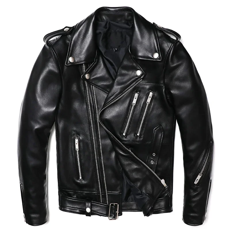 New Motorcycle Genuine Real Leather Jacket Men Natural Sheepskin Slim Coat Quality Motor Biker Clothing Oblique Zipper Jackets