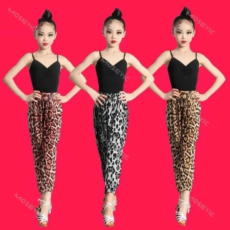 Vestidos de dança latina para crianças, trajes de baile, calças estampadas com colete e leopardo, salsa, samba e altura para meninas