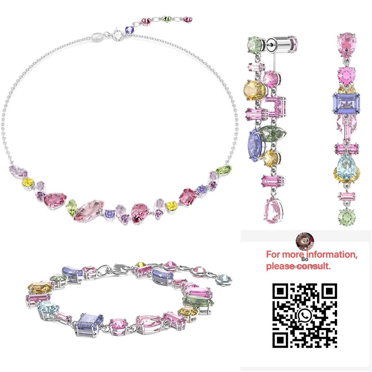 

2025 Новый легкий роскошный цветной комплект ~ Разноцветный комплект украшений с драгоценными камнями (ожерелье, серьги, браслет), модный и классический