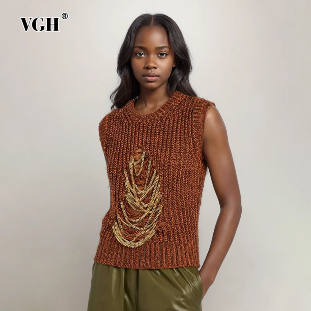 VGH Solid Hollow Out Patchwork Chain Knitting Tank Tops For Women Round Neck Sleeveless Minimalist Slimming Vests Female Style