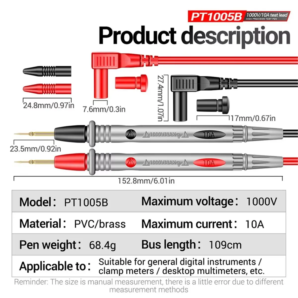 3PCS PT1005B Multimeter Probe Test Lead 1000V 10A Universal Needle Tip Multifunctional Electrical Tester