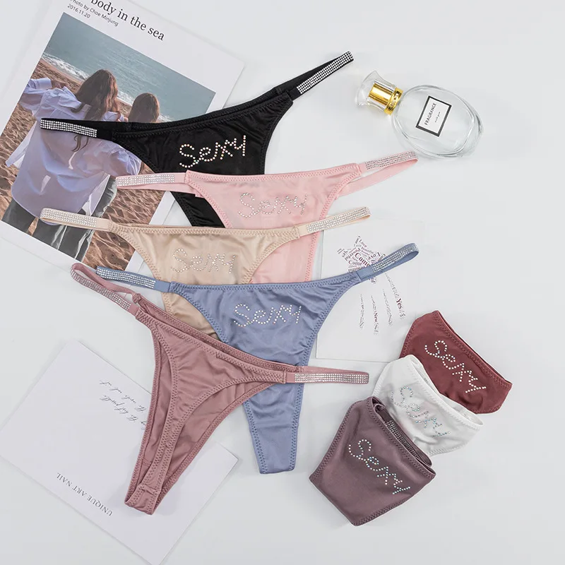 Women Sexy Rhinestone Letter SEXY Thong Panties Thin Diamond Strap Low Waist Smooth Satin G-string Ladies Intimate Underwear