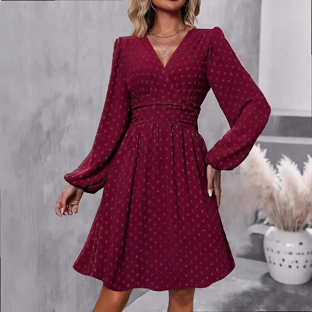 Women's Jacquard V-Neck Lantern Sleeve Dress, Smocked A-Line Midi Dresses for Spring Summer