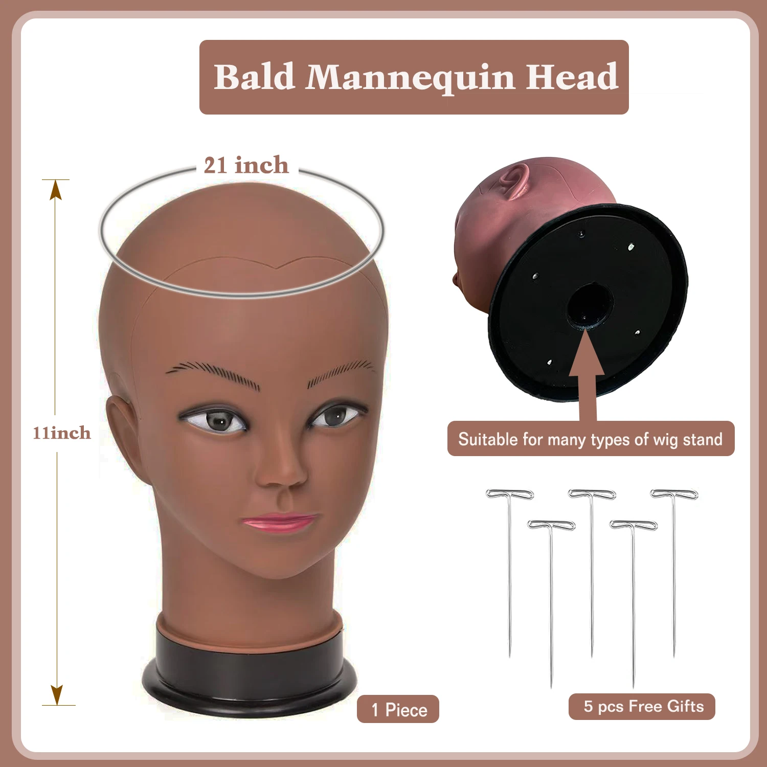 Cabeza de maniquí Calvo marrón para pelucas de estilismo, cabeza de Maniquí de peluca para practicar coser en pelucas y soporte de abrazadera