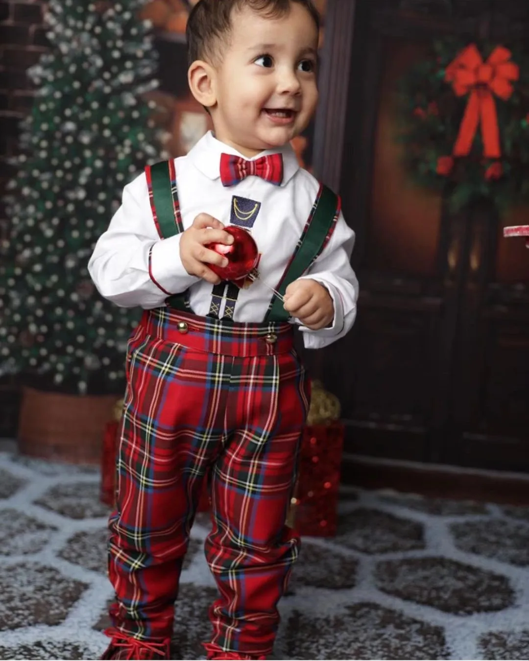 Baby Boy Set Autumn Winter Red Plaid Rompers Embroidery Vintage for Eid Causal