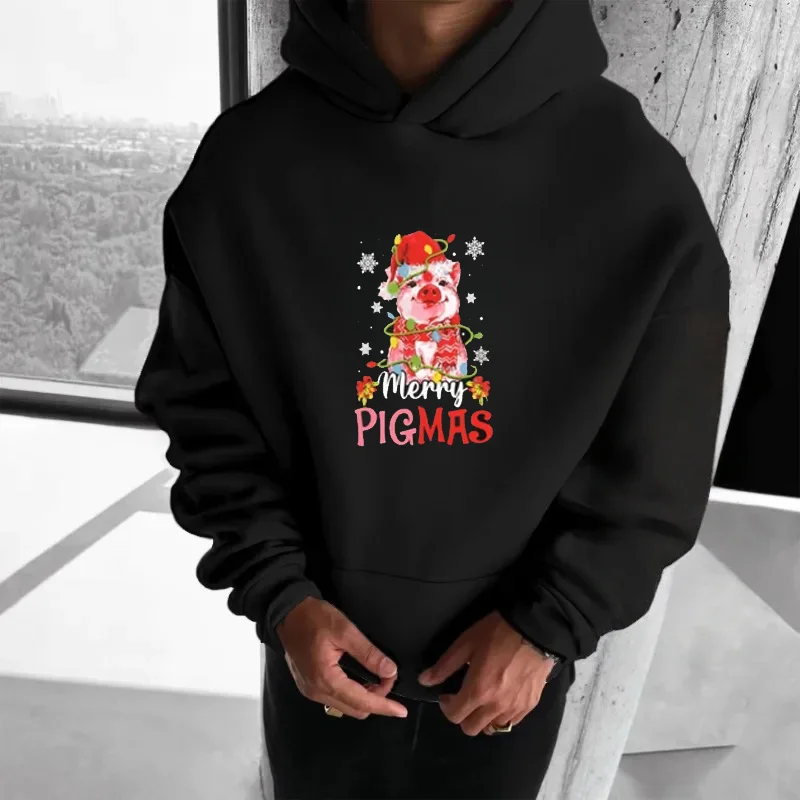 

Pig Christmas Merry Pigmas Xmas Light Hoodie High Quality Cotton Streetwear Trendy Autumn and Winter Christmas Tree Sweatshirt