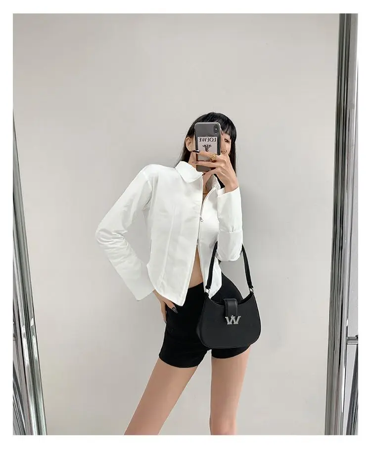 Sweet and Spicy Pure Desire Style High-end Feeling Lapel Long Sleeved T-shirt for Women Slim Fit and Slimming Exposed Waist