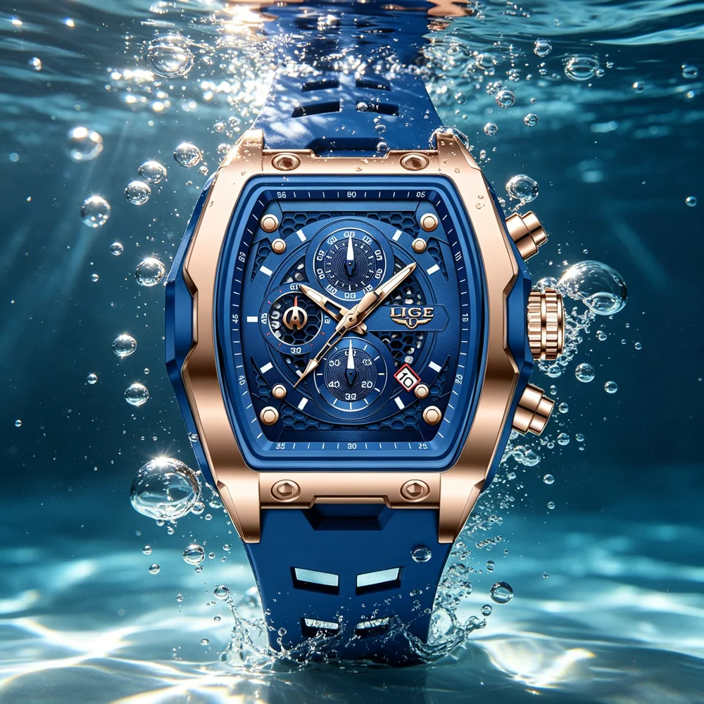 LIGE Silikon-Armbanduhr für Herren, modisch, Militär, Sport, wasserdicht, Quarzuhren, Datum, leuchtende Herrenuhr, Chronograph, Armbanduhr