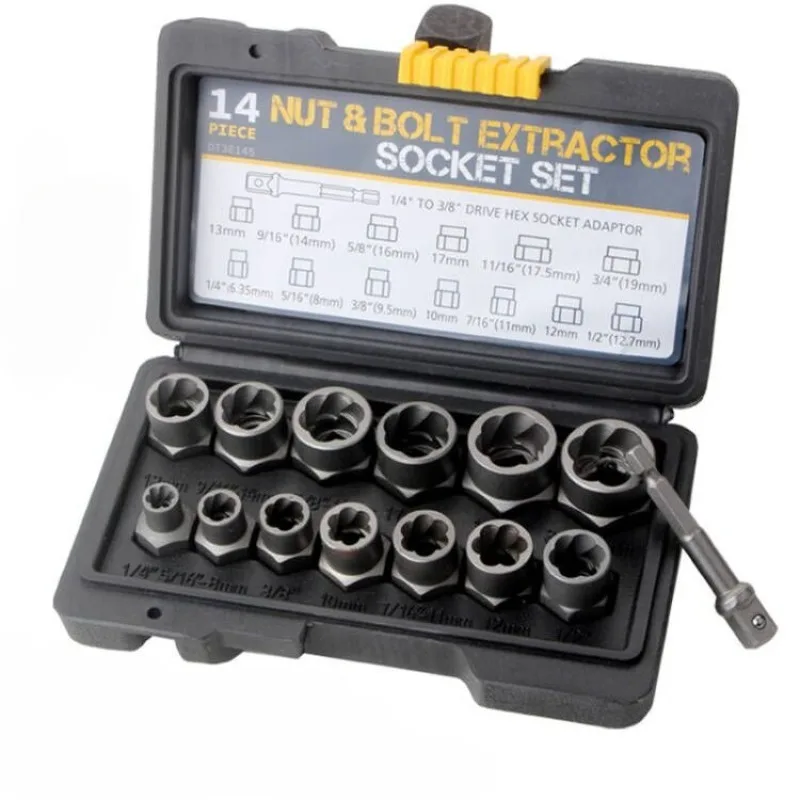 14pcs Damaged Lmpact Socket Set, Nut And Bolt Extractor & Remover-Chrome Molybdenum Steel Extractors With Storage Box