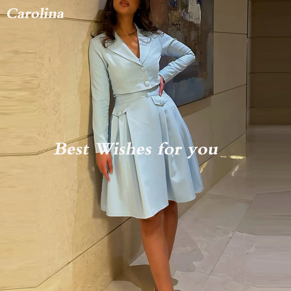 Carolina V-Neck Evening Dresses Women Saudi Arabia Satin Long Sleeves Sky Blue Vintage Wedding Guest Elegant Formal Party Gowns