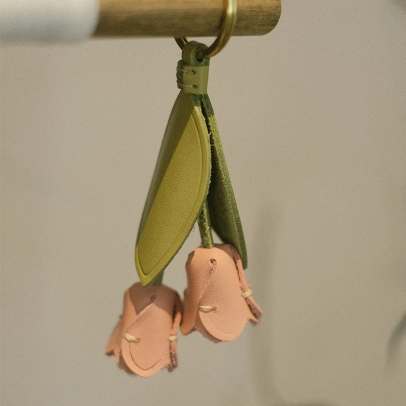 

Genuine leather tulip bag charm keychain handmade vintage gift leather keychain for car keys