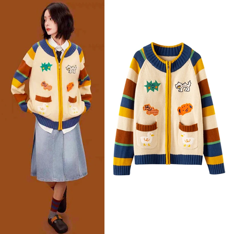 

Винтажный Ins модный полосатый кардиган женский осенне-зимний повседневный вязаный свитер пальто Y2k кардиган милая женская одежда SL247