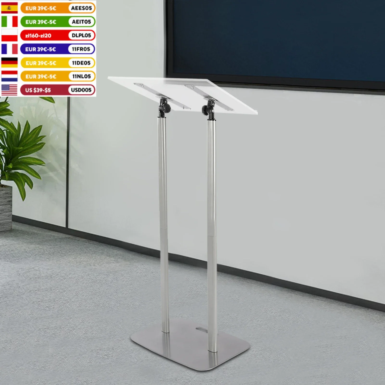 46'' Modern Floor Standing Acrylic Podium Clear Angle Adjustable Podium Stand Lecterns & Pulpits for Church Classroom Concert