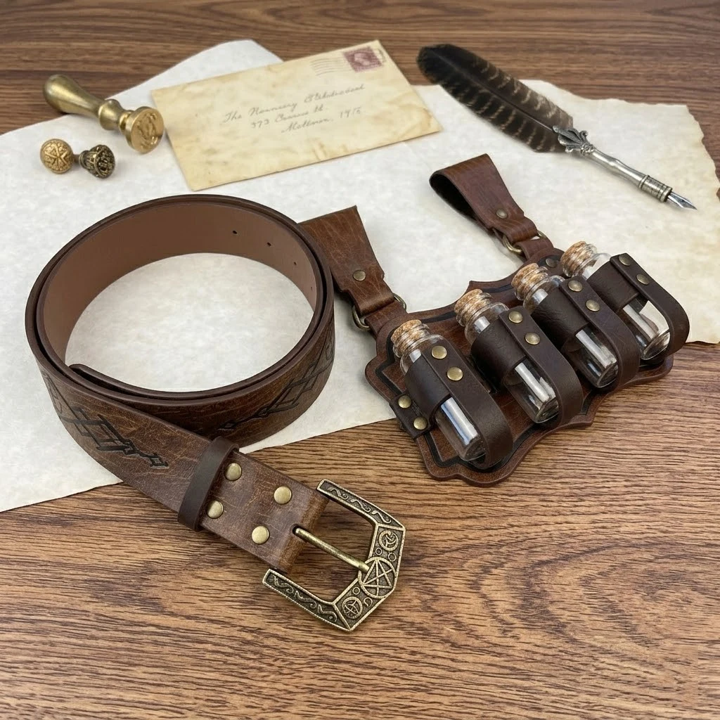 Medieval Viking Cosplay Props Retro Leather Waist Belt with 4 Cork Small Potion Bottle Set for Halloween LARP Roleplay