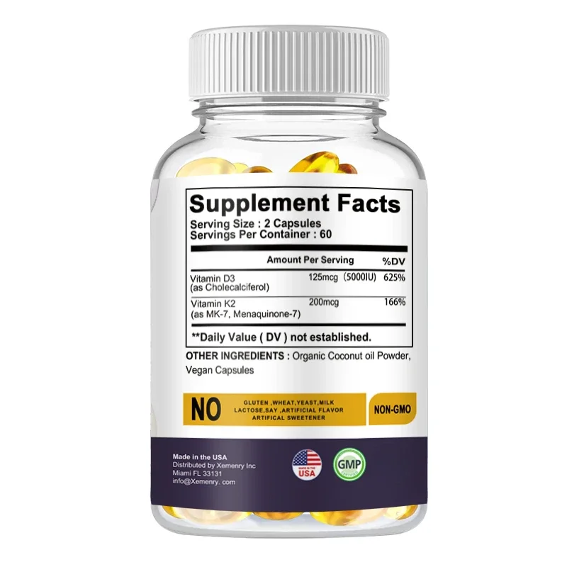 Vitamin D3 + K2 - Promotes Calcium Absorption, Bone Regeneration, Immune Support, Non-GMO