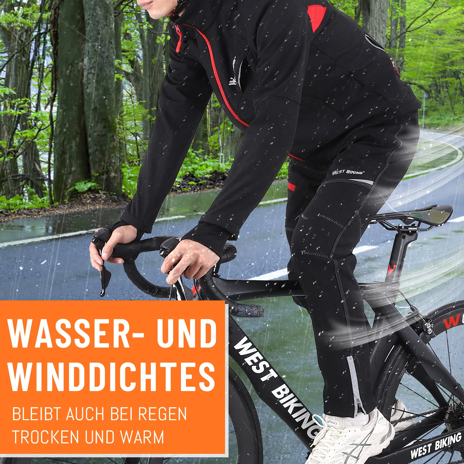 WEST BIKING Winter-Fleece-Radhose, winddicht, wasserdicht, Herren-Thermo-Fahrradhose, MTB-Outdoor-Sporthose, Schwarz, S-4XL – Detail 1