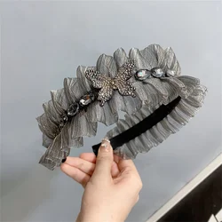 New style ruffled rhinestone headband, light luxury, full diamond pleated wide-brimmed headband, high-end retro hair accessory