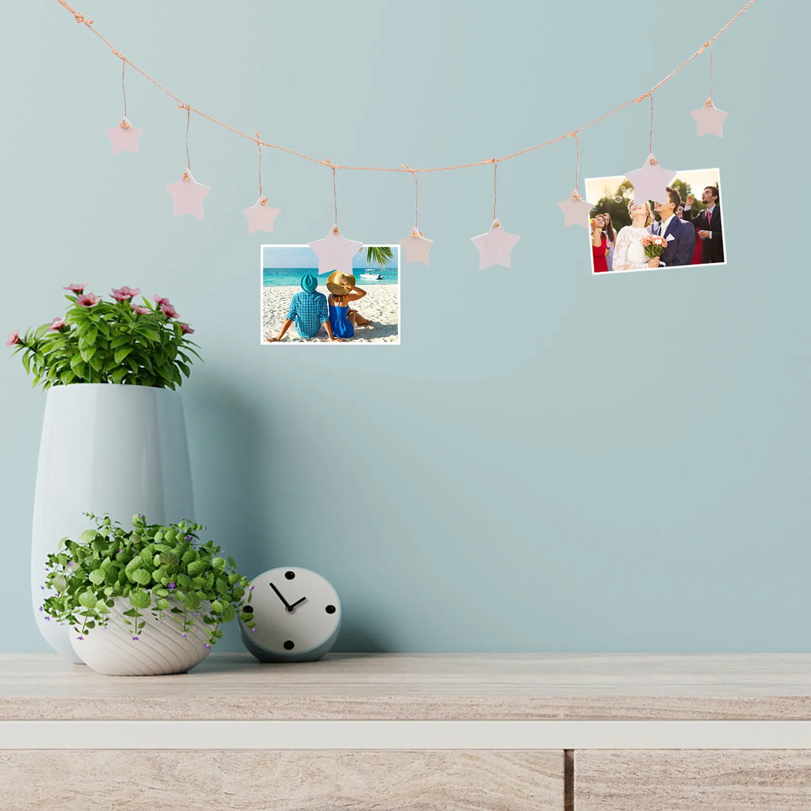 Star-Shaped Memo Clips Set – DIY Wooden Photo Garland with String for Living Room, Kitchen & Office Decor