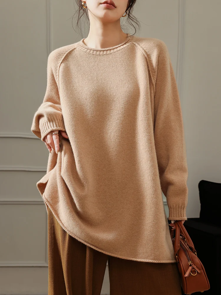 المرأة رداء علوي من الصوف س الرقبة طويلة البلوز الخريف الشتاء سميكة Ranglan كم 100% ميرينو الصوف تريكو فضفاض كبير الحجم الإناث #5