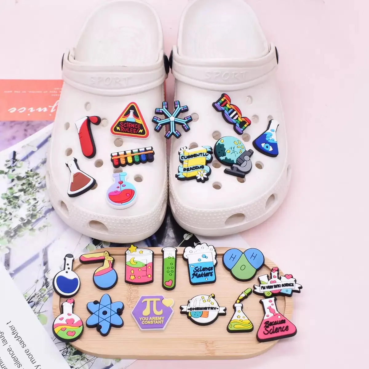 12-100 Stück PVC-Schuhanhänger mit wissenschaftlichen Themen, Reagenzglas-Chemie, Kinder-Sandalen-Accessoires für Partygeschenke