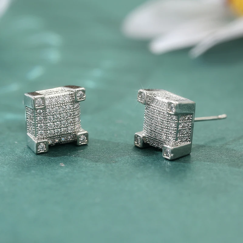 Luxury Square Imitation Moissanite Earrings For Women & Men Silver Plated Ear Studs Men Earrings Jewelry Hiphop Rock
