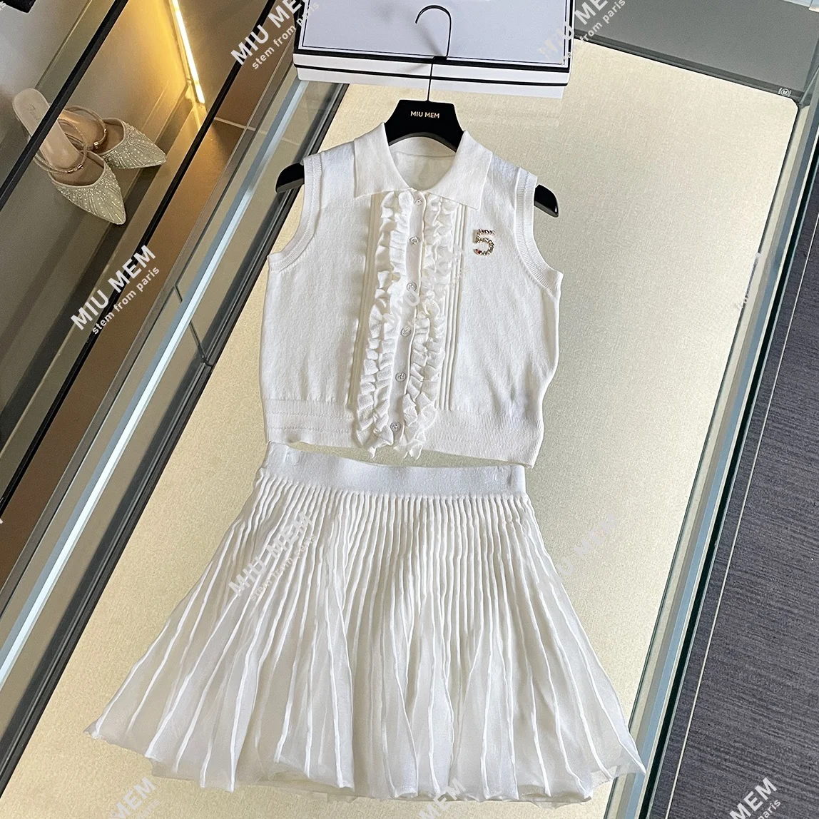 Ensemble gilet tricoté et jupe en Tulle pour femmes, de luxe, avec Design en bois, costume deux pièces Faionable Little Fraance Sle, été