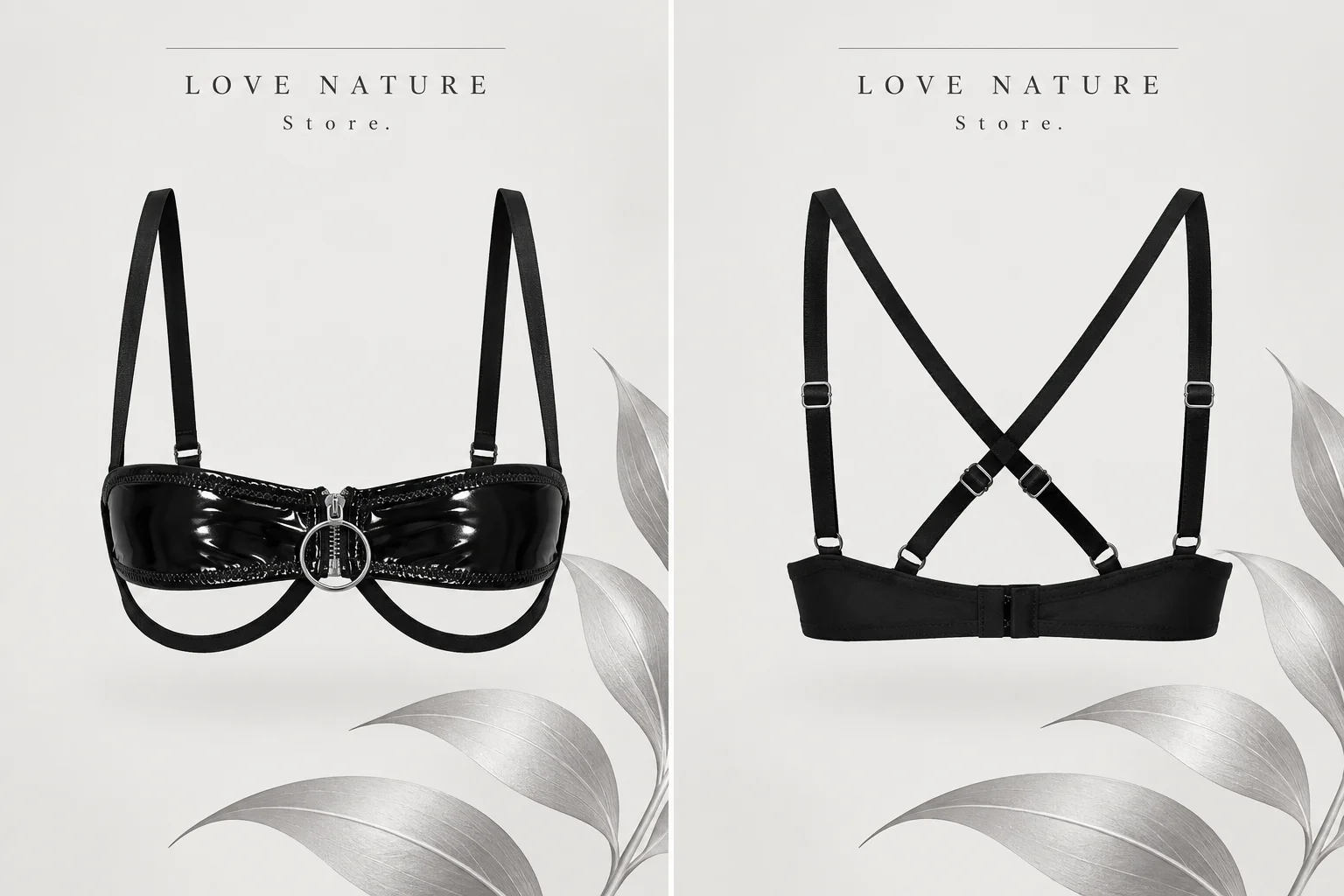 【LOVE NATURE Store】Women’s Black Patent Leather Cutout Bra Top with O-Ring Zip Detail