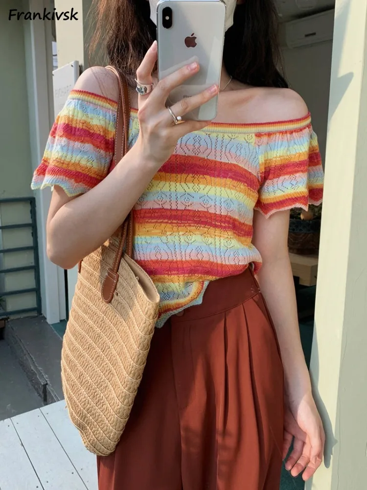 Striped Sweaters Women Loose Irregular Summer Cropped Japanese Retro High Street Mori Girl Style Tops Cut Out Versatile Popular