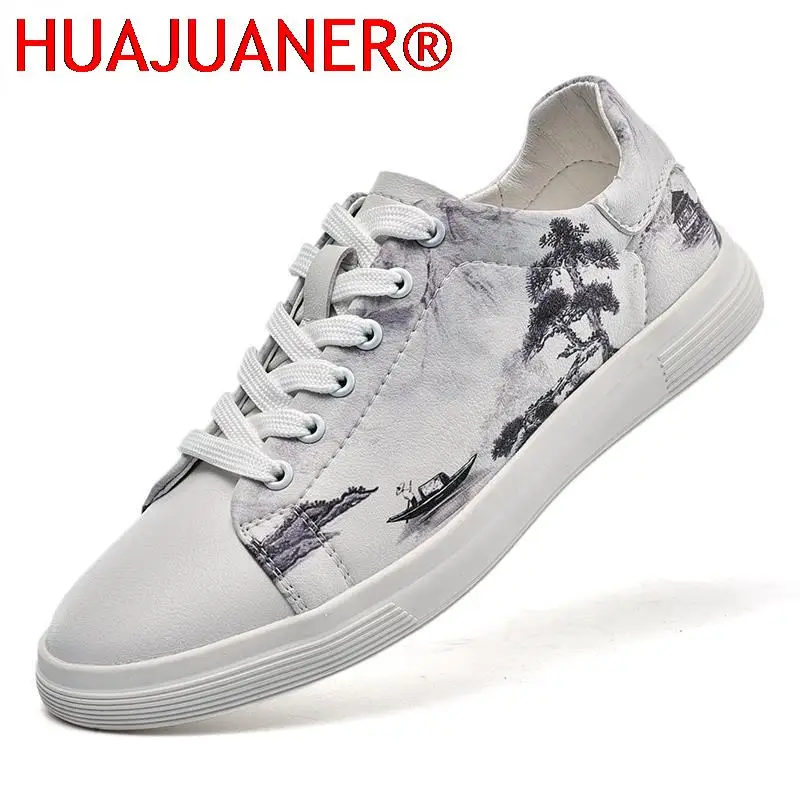 Men's Shoes Breathable Leather Casual Shoes Male Flats China Version Ink Painting Of The Trend Of Students White Sneakers Shoes