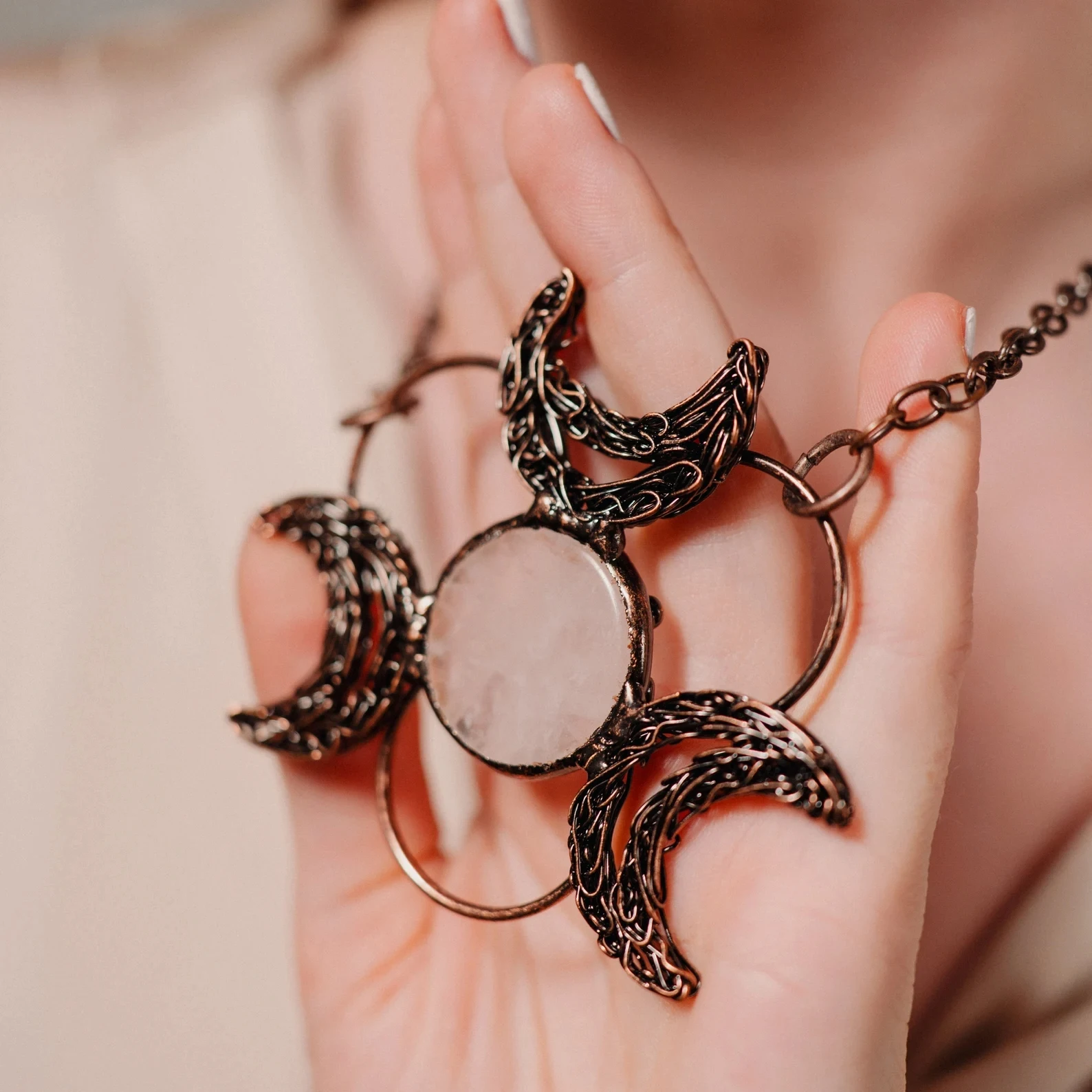 YEEVAA Retro Style Three Moon Combination Natural White Crystal Inlaid Pendant Necklace For Women Party Gift(With Chain)