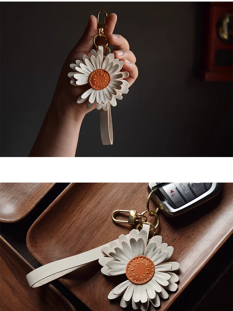 New Arrival Handmade PU Leather Daisy Pendant Keychain Bag Pendant For Man Or Woman Gift