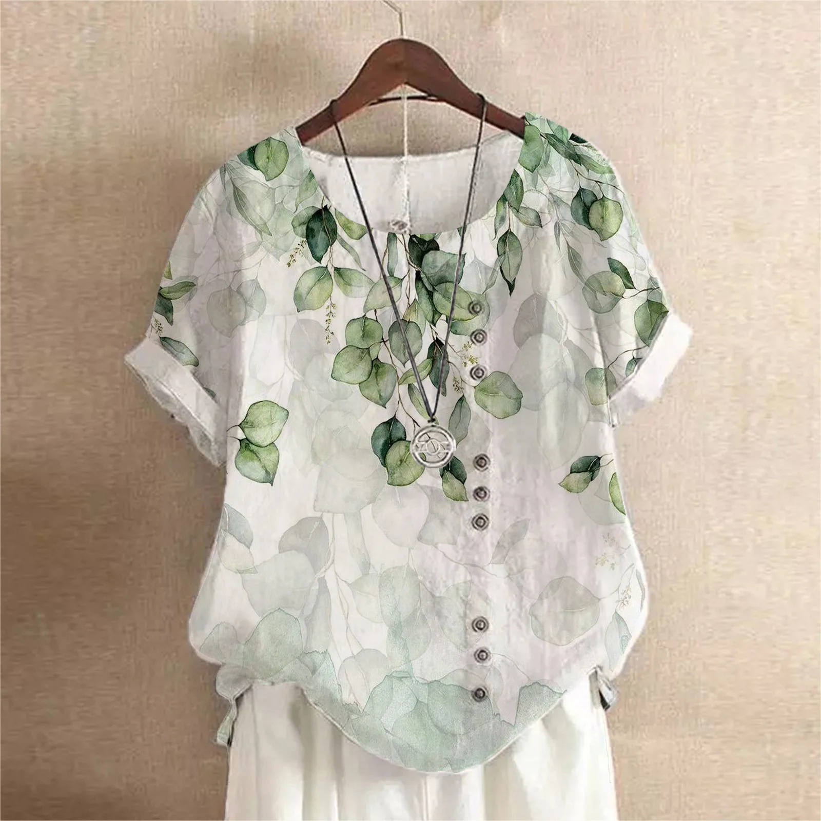 

2024 Summer Women's Retro Cotton And Linen Elegant Floral Print Loose Fashion Casual Shirt Short-sleeved O-neck T-shirt