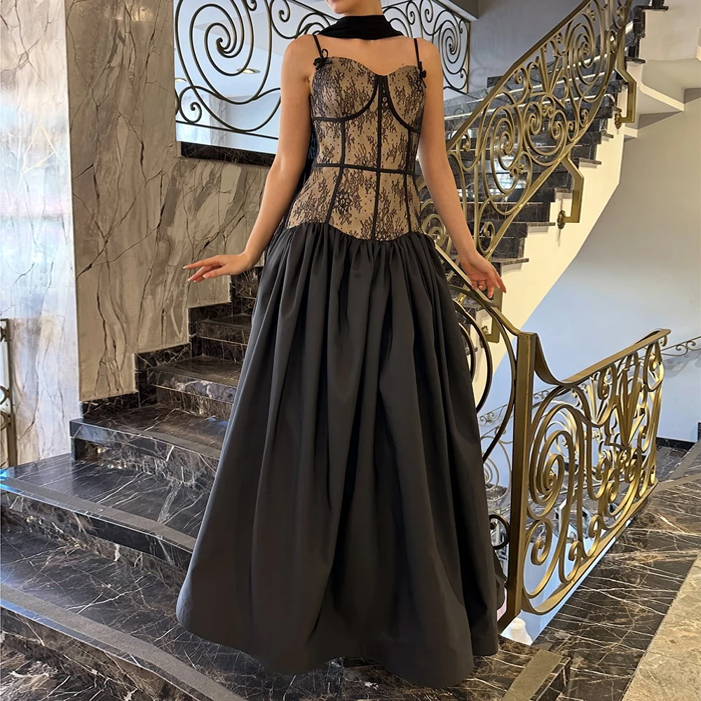 

Women's A-line Evening Dresses Floor-length Spaghetti Strap Sleeveless Prom Gown Fashion Lace Stole Draped Customized Gowns