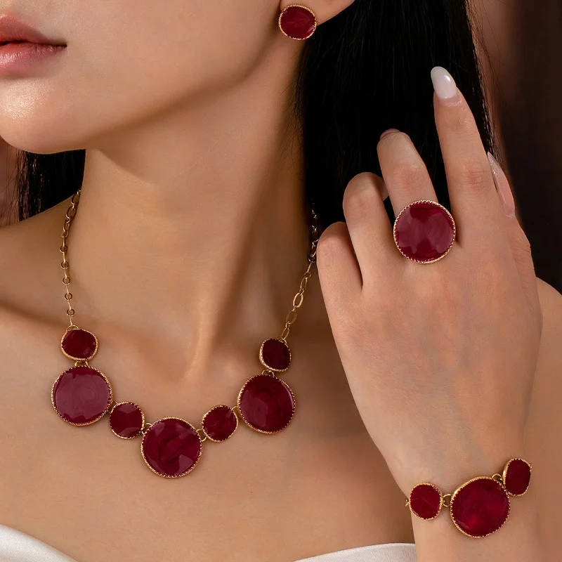 

New Niche Design Irregular Round Oil Drop Bracelet Necklace Ring Earrings Jewelry Set Women's French High-End Luxury Gift