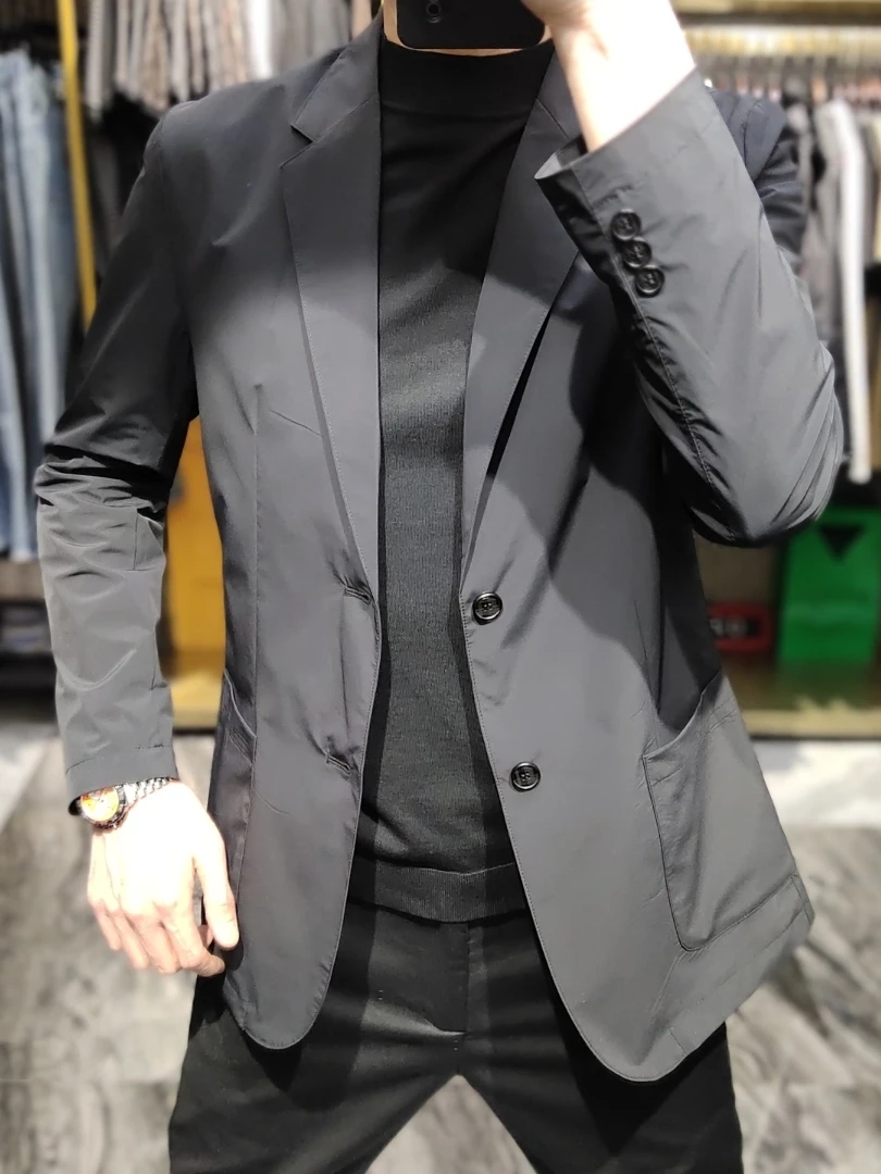 

Весенне-осенний новый мужской модный повседневный деловой костюм: дышащий, эластичный, премиум-класса, приталенный, с длинным рукавом