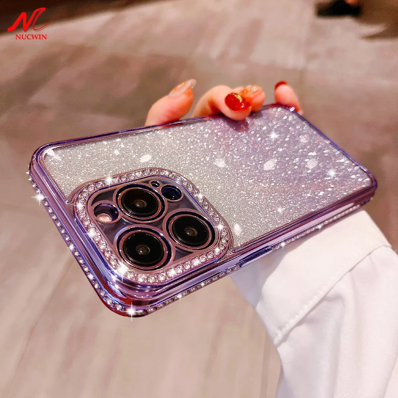 Luxury Gradient Diamond Case for iPhone 15 14 Pro 13 12 11 Pro Max X Xs Max Xr 7 8 14 Plus Plating Glitter Soft TPU Girl's Cover